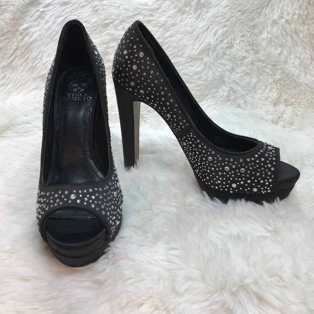 NWT Vince Camuto Garnets Black Satin Rhinestone Peep-Toe Pumps